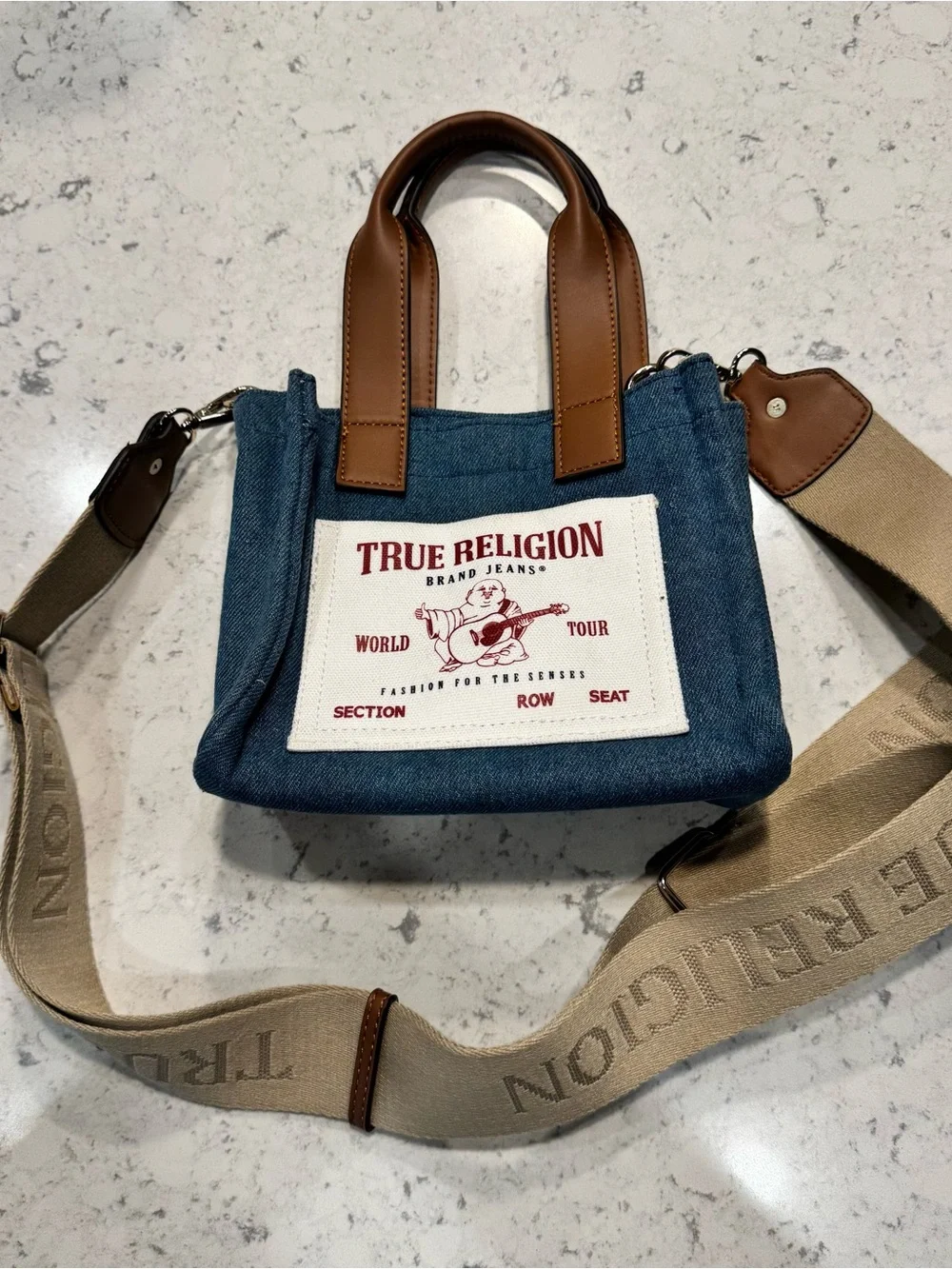 True Religion Blue Denim Mini Messenger with Brown Trim
